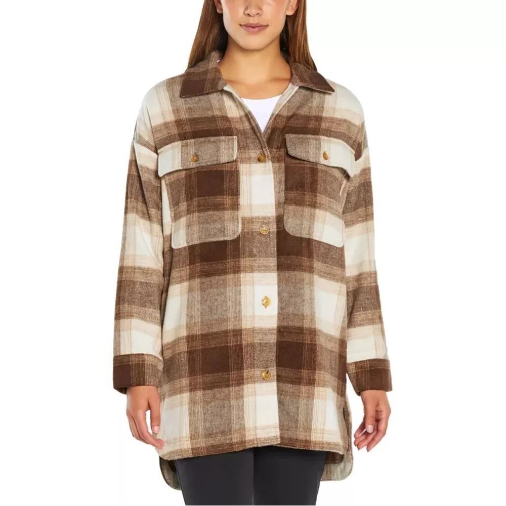 NEW Banana Republic Brown/Cream Flannel Plaid Long Sleeve Button Up Shacket SZ S
